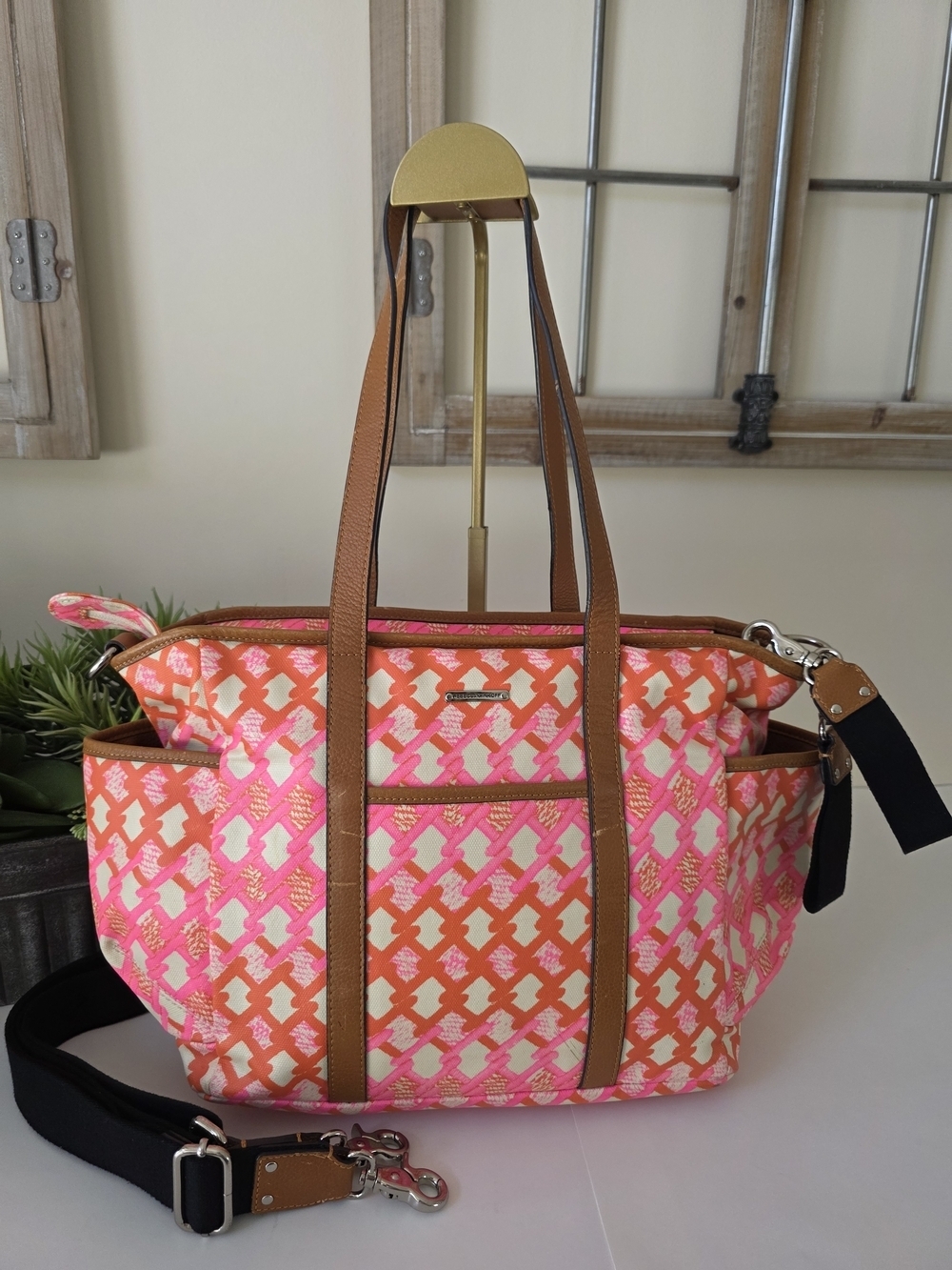 Rebecca Minkoff Neon Marissa Diaper Bag Tote Coated Canvas Pink Orange Crossbody - Picture 1 of 14